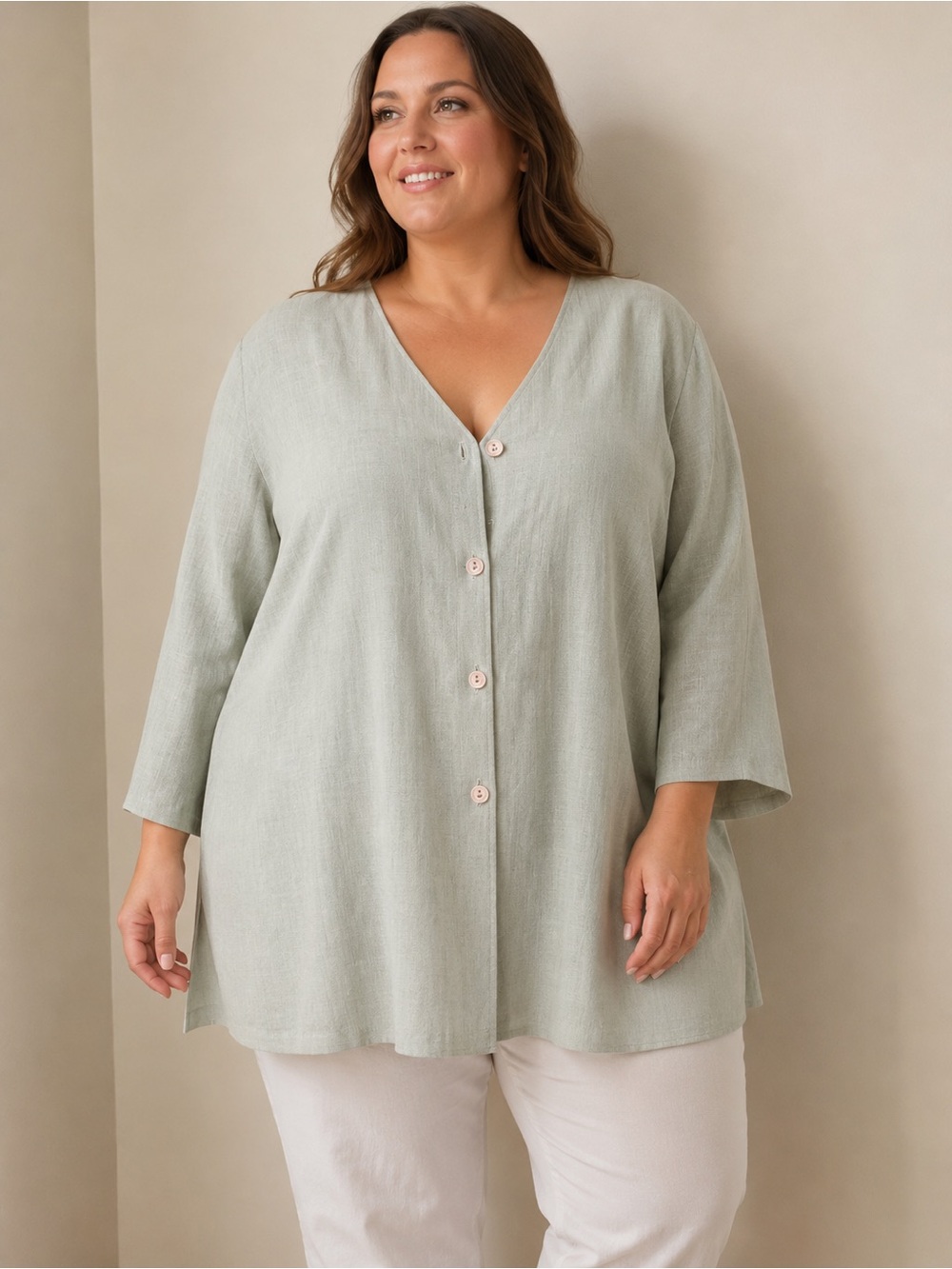 Relaxed V-Neck Button-Front Tunic Blazer in Sage